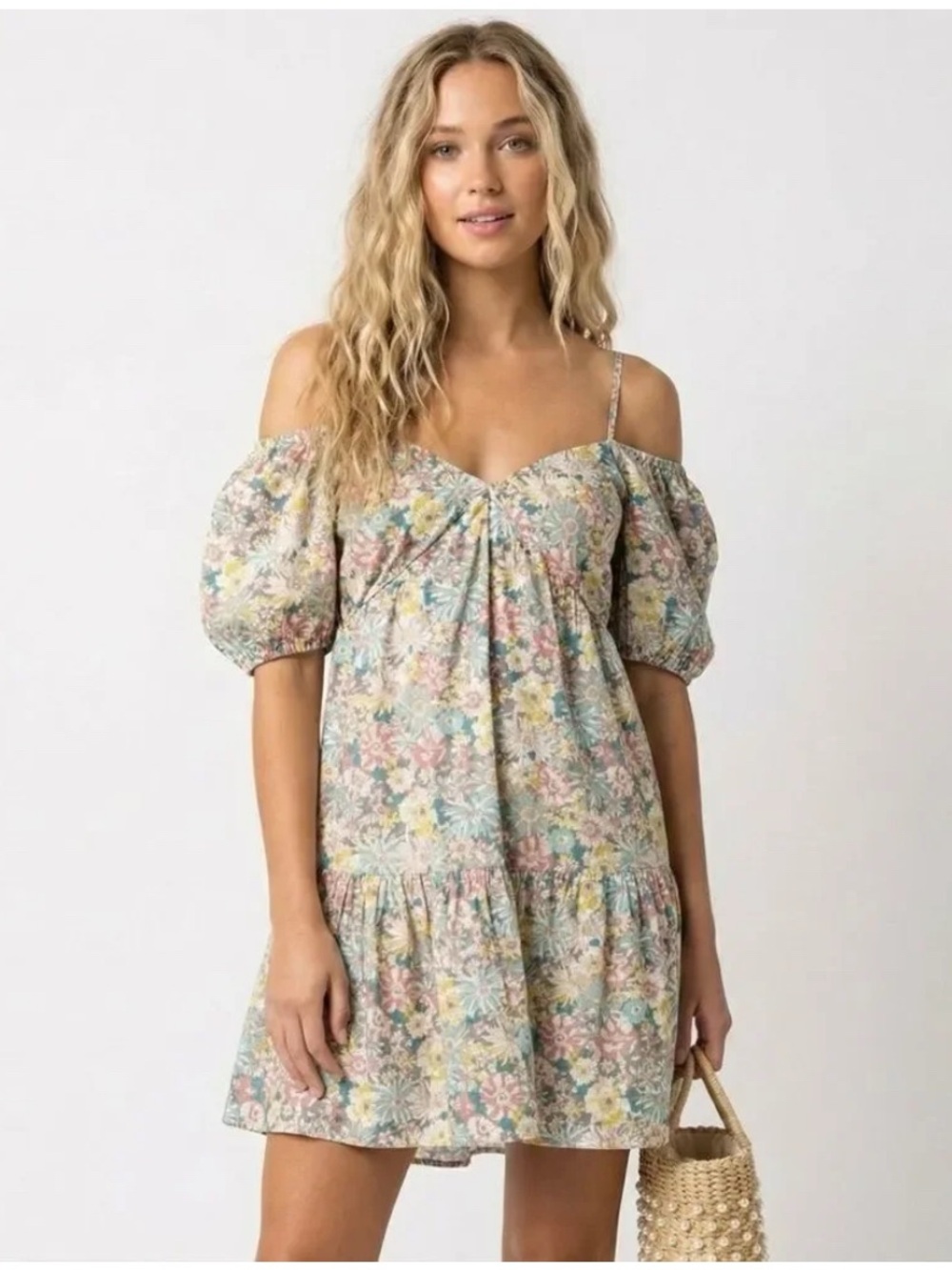 Heartloom Women's Yellow Floral Broad V Neck Puff Sleeve Mini Dress Size XS NWOT